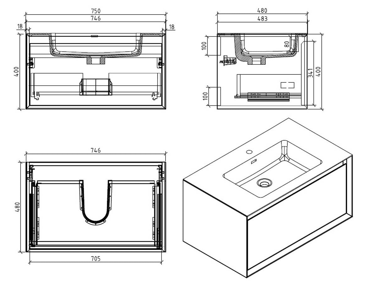 Sydney Black & Concrete Single Drawer Wall Hung Vanity Unit With Black Basin